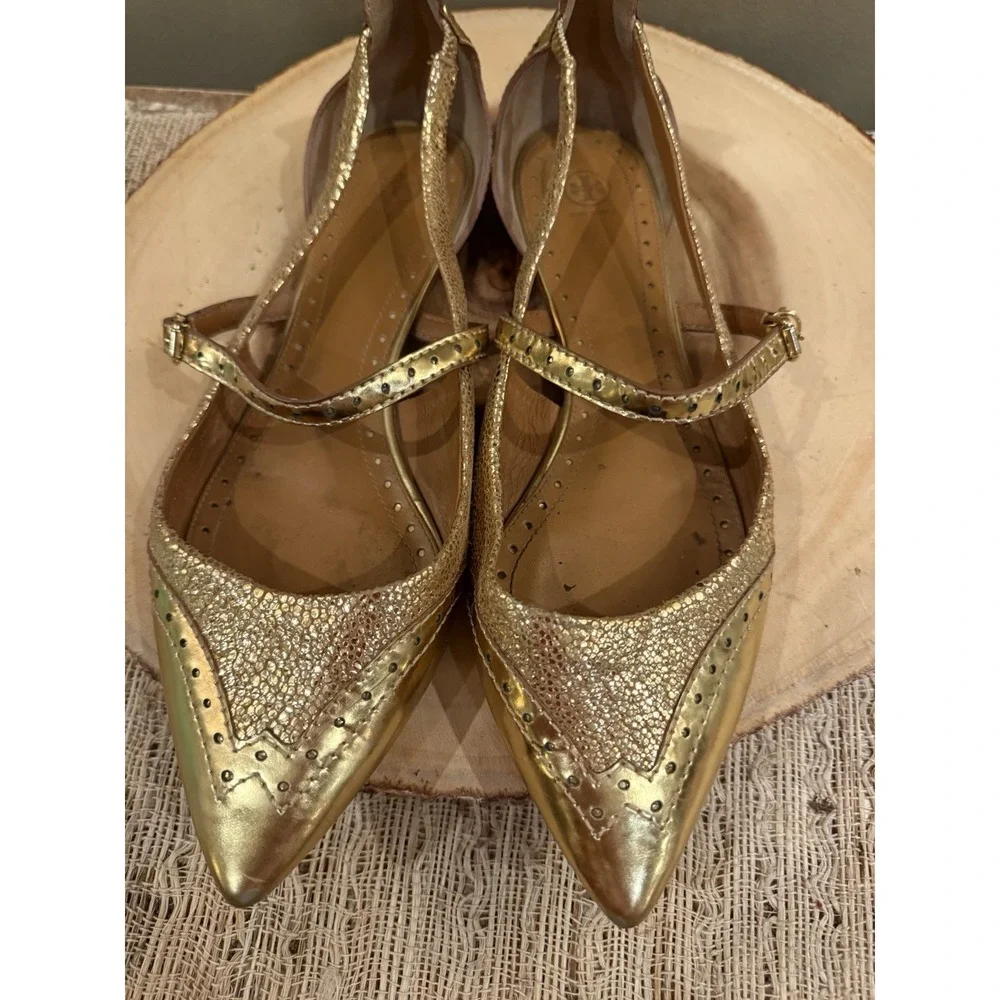 Tory Burch Bernadette 9M metallic Gold leather Mary Jane pointed-toe flats 358$ - Picture 12 of 14